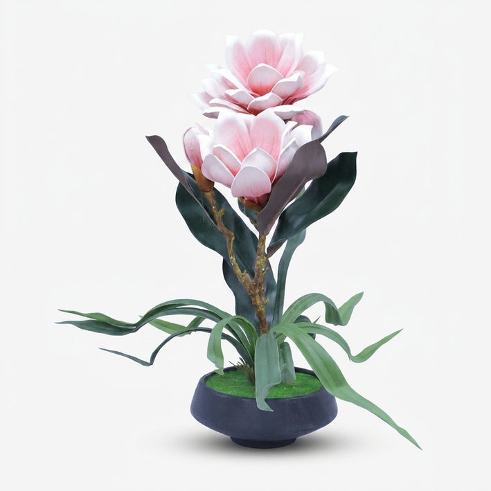 Premium Artificial Pink Magnolia Floral Arrangement - Realistic Faux Potted Plant in Black Bowl for Home & Office Decor