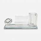 Clear Glass Desk Clock with Pen Stand & Card Holder, Luxury Crystal Table Organizer / Office Desk Showpiece / Gift Set for Home & Office Décor