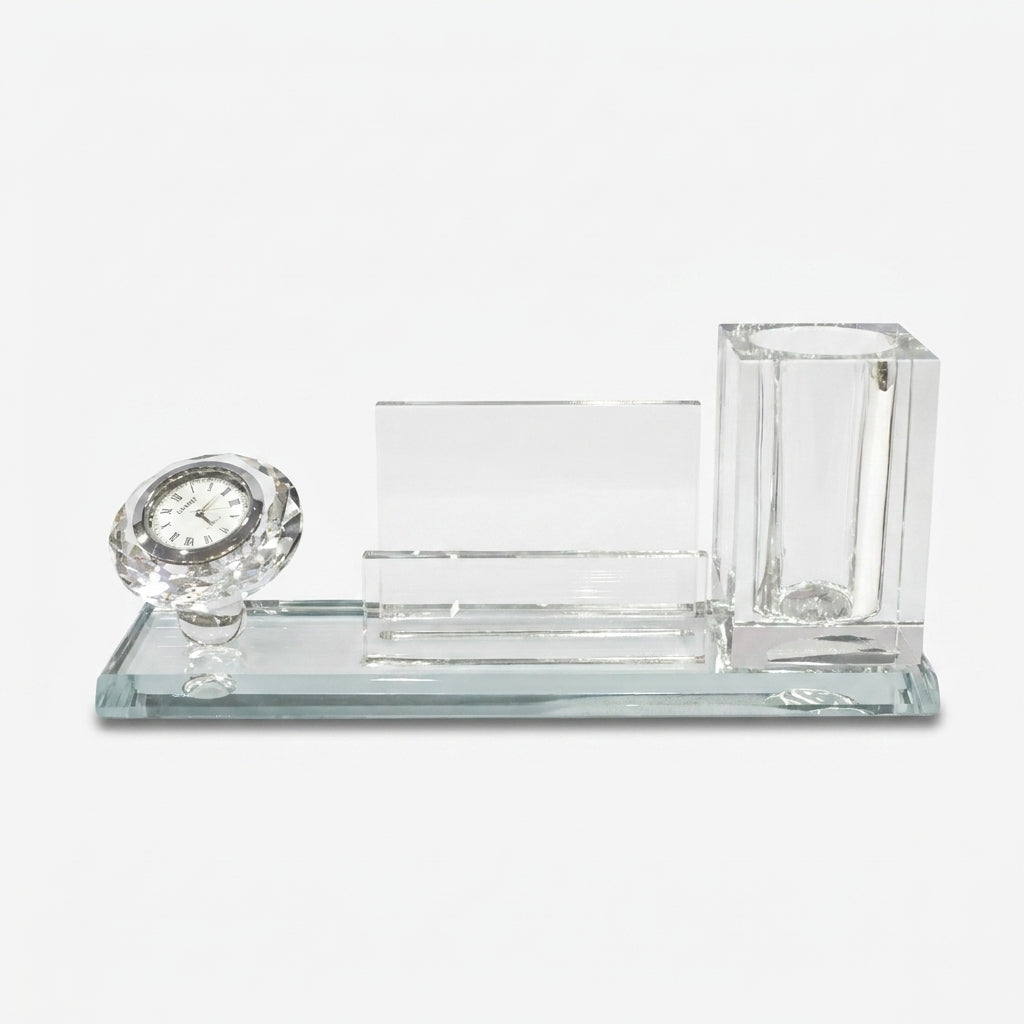 Clear Glass Desk Clock with Pen Stand & Card Holder, Luxury Crystal Table Organizer / Office Desk Showpiece / Gift Set for Home & Office Décor