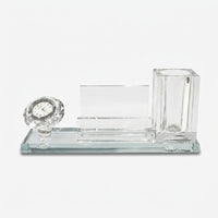 Clear Glass Desk Clock with Pen Stand & Card Holder, Luxury Crystal Table Organizer / Office Desk Showpiece / Gift Set for Home & Office Décor