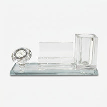 Clear Glass Desk Clock with Pen Stand & Card Holder, Luxury Crystal Table Organizer / Office Desk Showpiece / Gift Set for Home & Office Décor