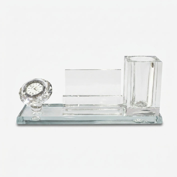 Clear Glass Desk Clock with Pen Stand & Card Holder, Luxury Crystal Table Organizer / Office Desk Showpiece / Gift Set for Home & Office Décor