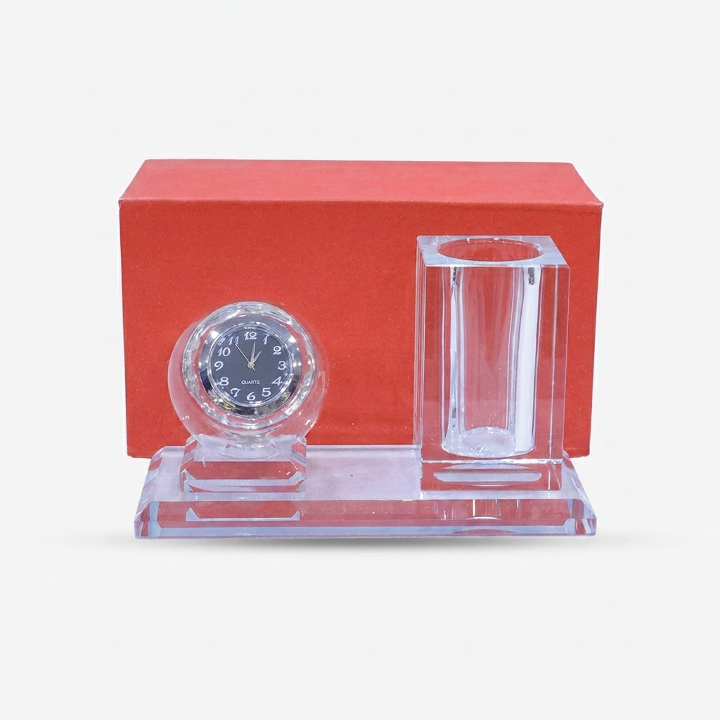 Clear Glass Desk Clock with Pen Stand, Luxury Crystal Table Organizer / Office Desk Showpiece / Gift Set for Home & Office Décor