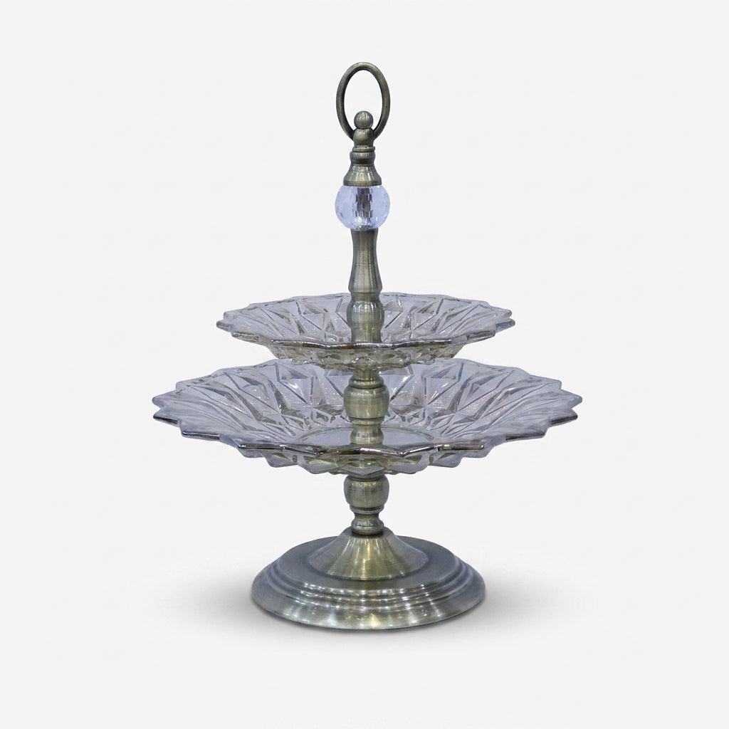 2 Tier Clear Glass Decorative Serving Stand with Antique Gold Metal Base & Handle, Luxury Fruit Tray / Dry Fruit Stand / Dessert Server for Dining Table & Home Décor