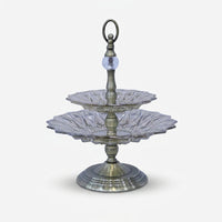 2 Tier Clear Glass Decorative Serving Stand with Antique Gold Metal Base & Handle, Luxury Fruit Tray / Dry Fruit Stand / Dessert Server for Dining Table & Home Décor