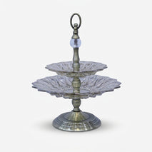 2 Tier Clear Glass Decorative Serving Stand with Antique Gold Metal Base & Handle, Luxury Fruit Tray / Dry Fruit Stand / Dessert Server for Dining Table & Home Décor