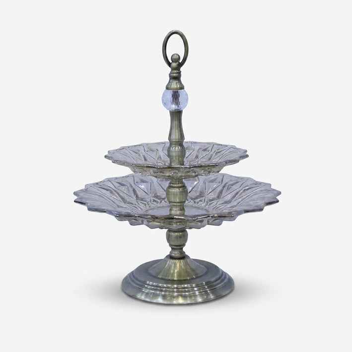 2 Tier Clear Glass Decorative Serving Stand with Antique Gold Metal Base & Handle, Luxury Fruit Tray / Dry Fruit Stand / Dessert Server for Dining Table & Home Décor