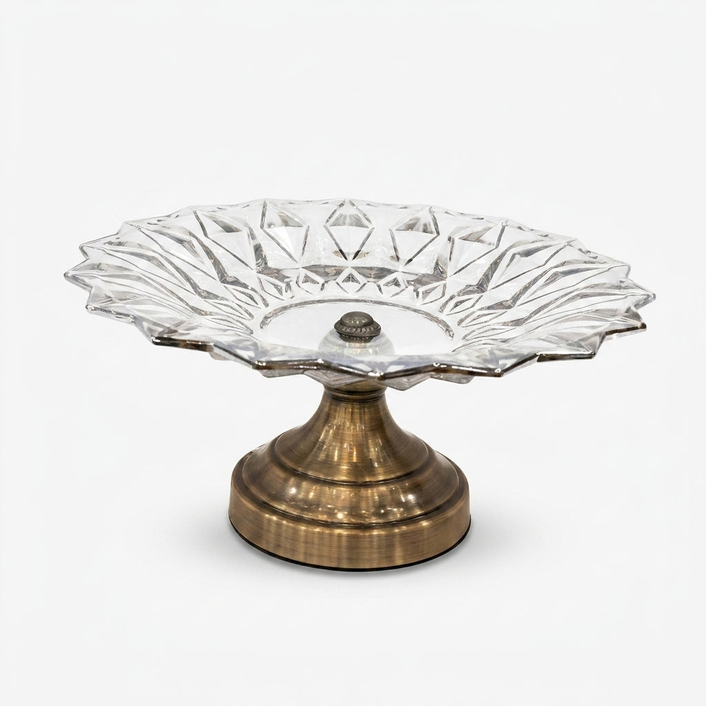 One-Tier Clear Glass Decorative Serving Stand with Antique Gold Metal Pedestal Base, Luxury Fruit Tray / Dry Fruit Stand / Dessert Server for Dining Table & Home Décor