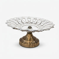One-Tier Clear Glass Decorative Serving Stand with Antique Gold Metal Pedestal Base, Luxury Fruit Tray / Dry Fruit Stand / Dessert Server for Dining Table & Home Décor