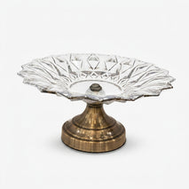 One-Tier Clear Glass Decorative Serving Stand with Antique Gold Metal Pedestal Base, Luxury Fruit Tray / Dry Fruit Stand / Dessert Server for Dining Table & Home Décor