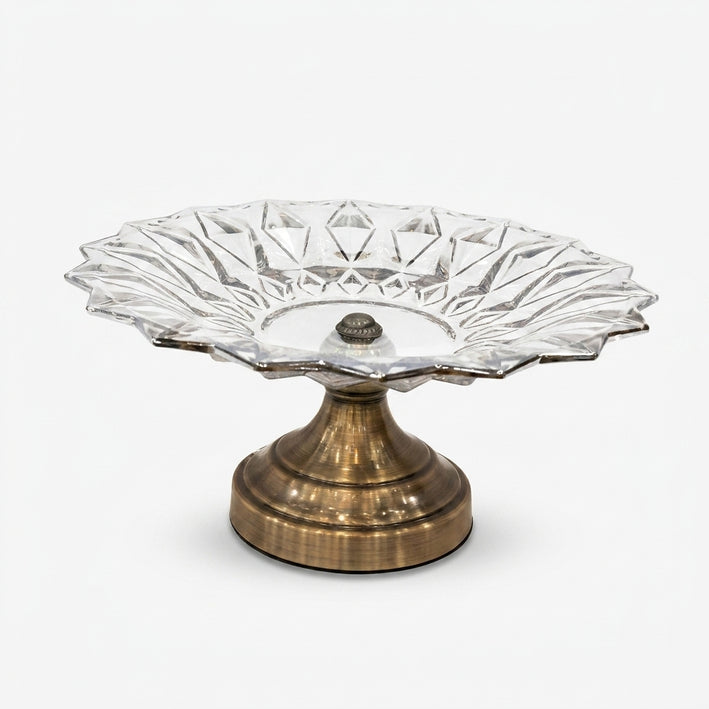 One-Tier Clear Glass Decorative Serving Stand with Antique Gold Metal Pedestal Base, Luxury Fruit Tray / Dry Fruit Stand / Dessert Server for Dining Table & Home Décor
