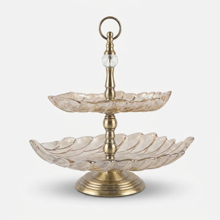 ** 2 Tier Clear Glass Decorative Serving Stand with Antique Gold Metal Base & Handle, Luxury Fruit Tray / Dry Fruit Stand / Dessert Server for Dining Table & Home Décor