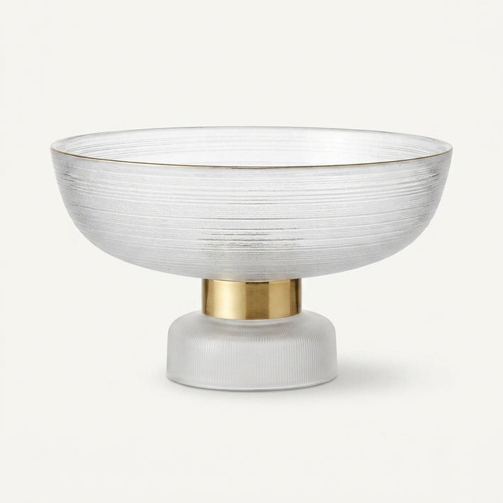 Premium Elegant Ribbed Glass Pedestal Bowl with Gold Rim & Frosted Base