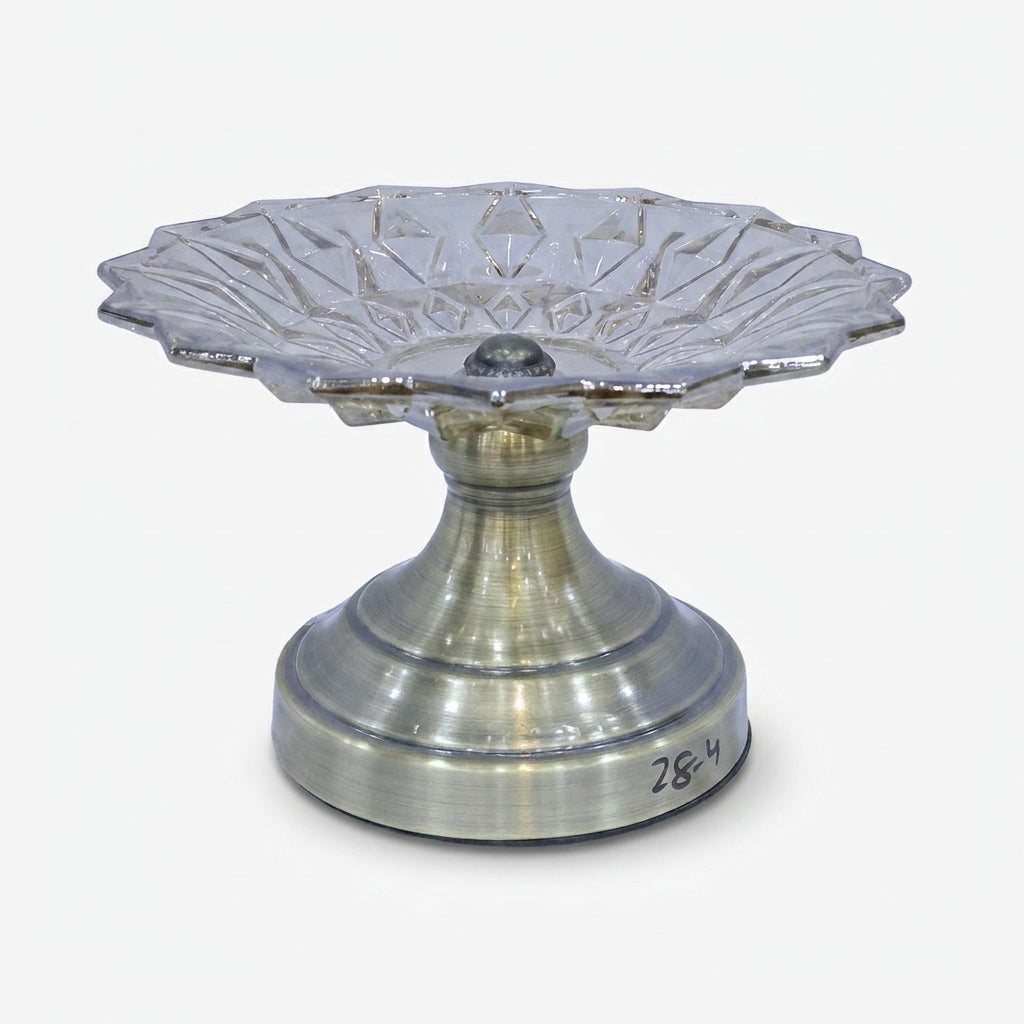 One-Tier Clear Glass Decorative Serving Stand with Antique Gold Metal Pedestal Base, Luxury Fruit Tray / Dry Fruit Stand / Dessert Server for Dining Table & Home Décor