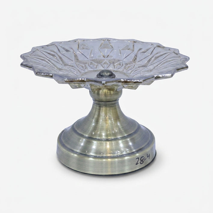 One-Tier Clear Glass Decorative Serving Stand with Antique Gold Metal Pedestal Base, Luxury Fruit Tray / Dry Fruit Stand / Dessert Server for Dining Table & Home Décor