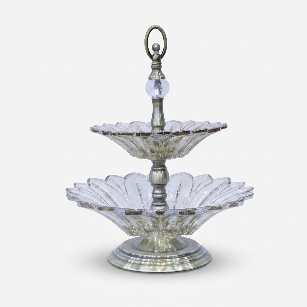 2 Tier Clear Glass Decorative Serving Stand with Antique Gold Metal Base & Handle, Luxury Fruit Tray / Dry Fruit Stand / Dessert Server for Dining Table & Home Décor
