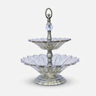2 Tier Clear Glass Decorative Serving Stand with Antique Gold Metal Base & Handle, Luxury Fruit Tray / Dry Fruit Stand / Dessert Server for Dining Table & Home Décor