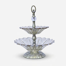 2 Tier Clear Glass Decorative Serving Stand with Antique Gold Metal Base & Handle, Luxury Fruit Tray / Dry Fruit Stand / Dessert Server for Dining Table & Home Décor