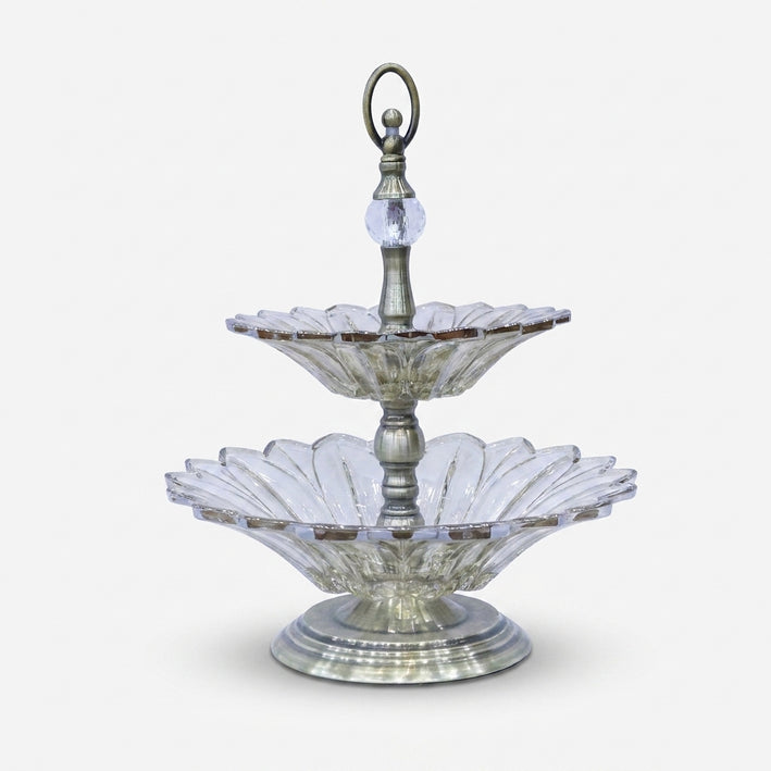 2 Tier Clear Glass Decorative Serving Stand with Antique Gold Metal Base & Handle, Luxury Fruit Tray / Dry Fruit Stand / Dessert Server for Dining Table & Home Décor
