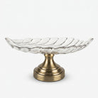 Clear Glass Leaf Shape Decorative Serving Bowl with Antique Gold Pedestal Base, Luxury Fruit Tray / Centerpiece Bowl for Dining Table & Home Décor