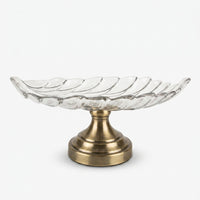 Clear Glass Leaf Shape Decorative Serving Bowl with Antique Gold Pedestal Base, Luxury Fruit Tray / Centerpiece Bowl for Dining Table & Home Décor