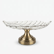 Clear Glass Leaf Shape Decorative Serving Bowl with Antique Gold Pedestal Base, Luxury Fruit Tray / Centerpiece Bowl for Dining Table & Home Décor