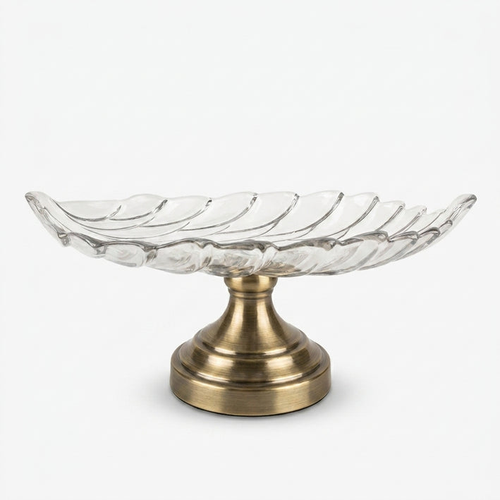 Clear Glass Leaf Shape Decorative Serving Bowl with Antique Gold Pedestal Base, Luxury Fruit Tray / Centerpiece Bowl for Dining Table & Home Décor