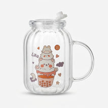 Transparent Glass Sipper Mug with Straw & Lid, Cute Printed Mason Jar Style Mug for Juice, Water & Beverages