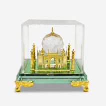 Mini Crystal Glass Taj Mahal Showpiece with Display Case, Multicolour Decorative Monument for Home Décor & Gifting