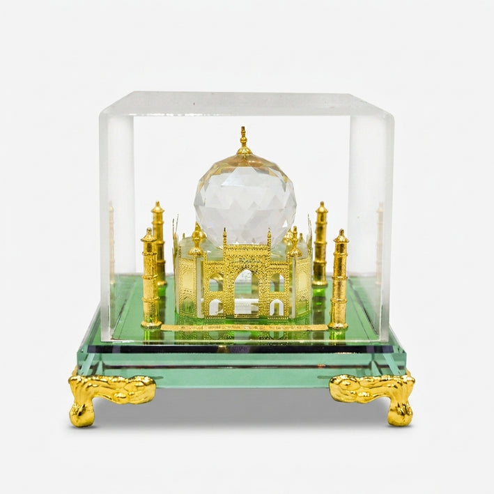 Mini Crystal Glass Taj Mahal Showpiece with Display Case, Multicolour Decorative Monument for Home Décor & Gifting