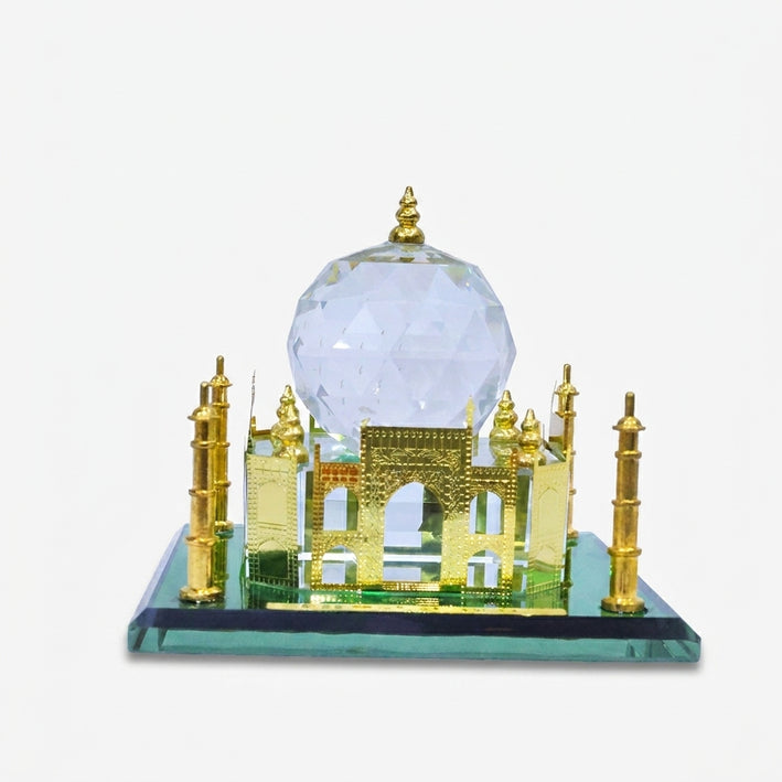 Crystal Glass Taj Mahal Showpiece with Gold Detailing, Multicolour Decorative Monument for Home Décor & Gifting