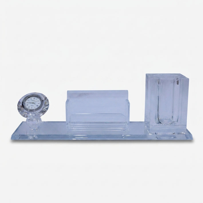 Premium Elegant Crystal Glass Desk Organizer with Clock & Pen Holder – Decorative Office Tabletop Set