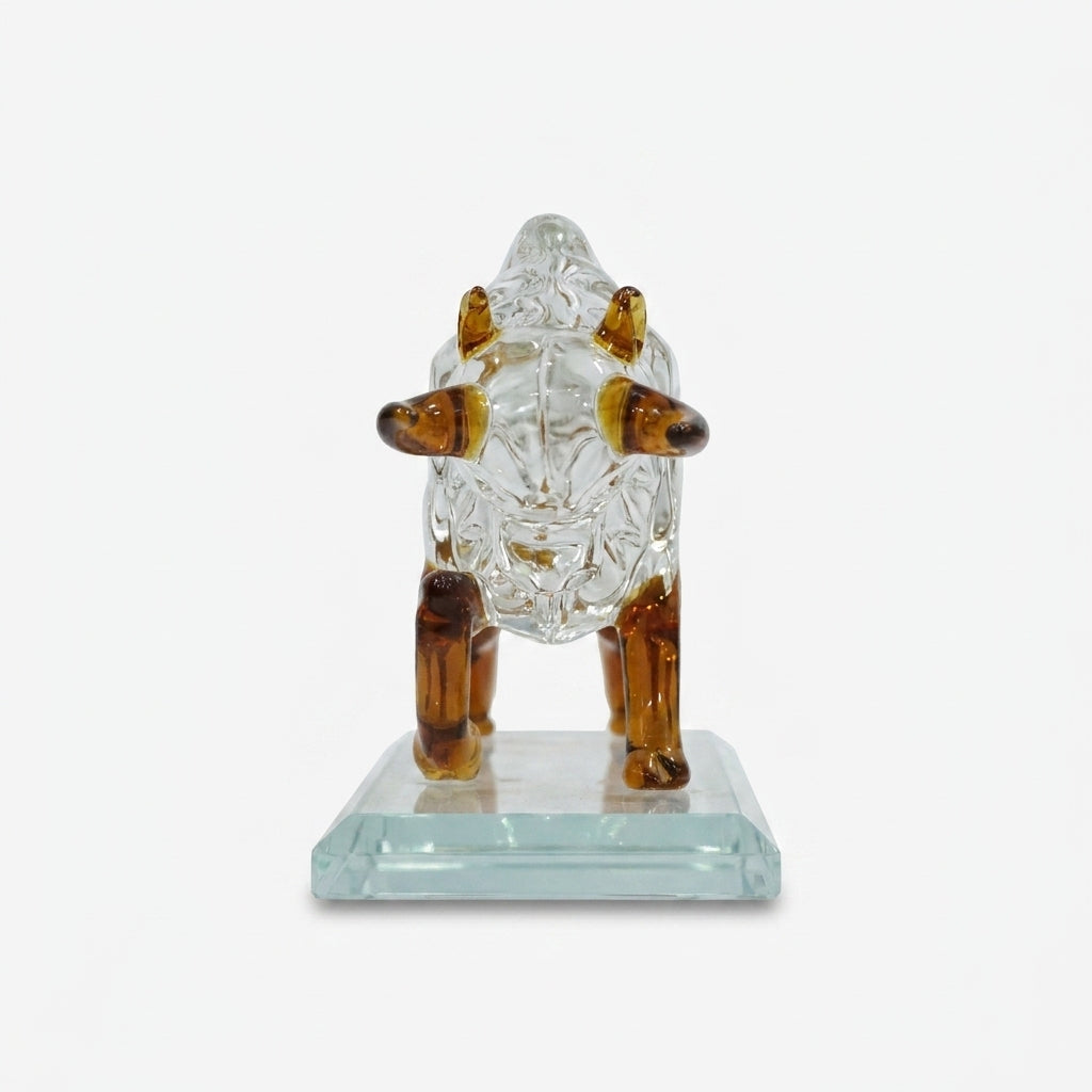 Glass Bull Showpiece with Base, Transparent & Brown Decorative Animal Figurine for Home Décor, Office Décor & Gifting