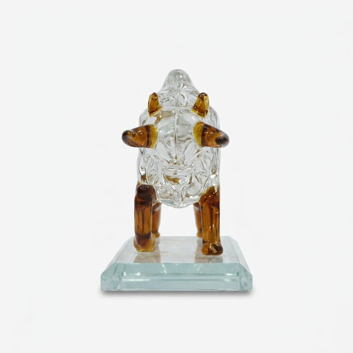 Glass Bull Showpiece with Base, Transparent & Brown Decorative Animal Figurine for Home Décor, Office Décor & Gifting