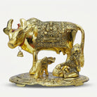 Golden Kamdhenu Cow and Calf Showpiece, Decorative Gau Mata Idol for Home Temple & Gifting
