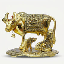Golden Kamdhenu Cow and Calf Showpiece, Decorative Gau Mata Idol for Home Temple & Gifting