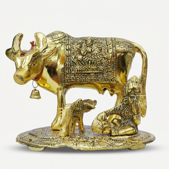 Golden Kamdhenu Cow and Calf Showpiece, Decorative Gau Mata Idol for Home Temple & Gifting