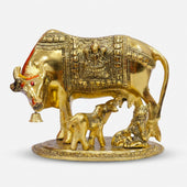 Golden Gau Mata Kamdhenu Idol with Calf, Decorative Spiritual Showpiece for Home Temple & Gifting