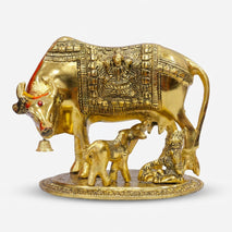 Golden Gau Mata Kamdhenu Idol with Calf, Decorative Spiritual Showpiece for Home Temple & Gifting