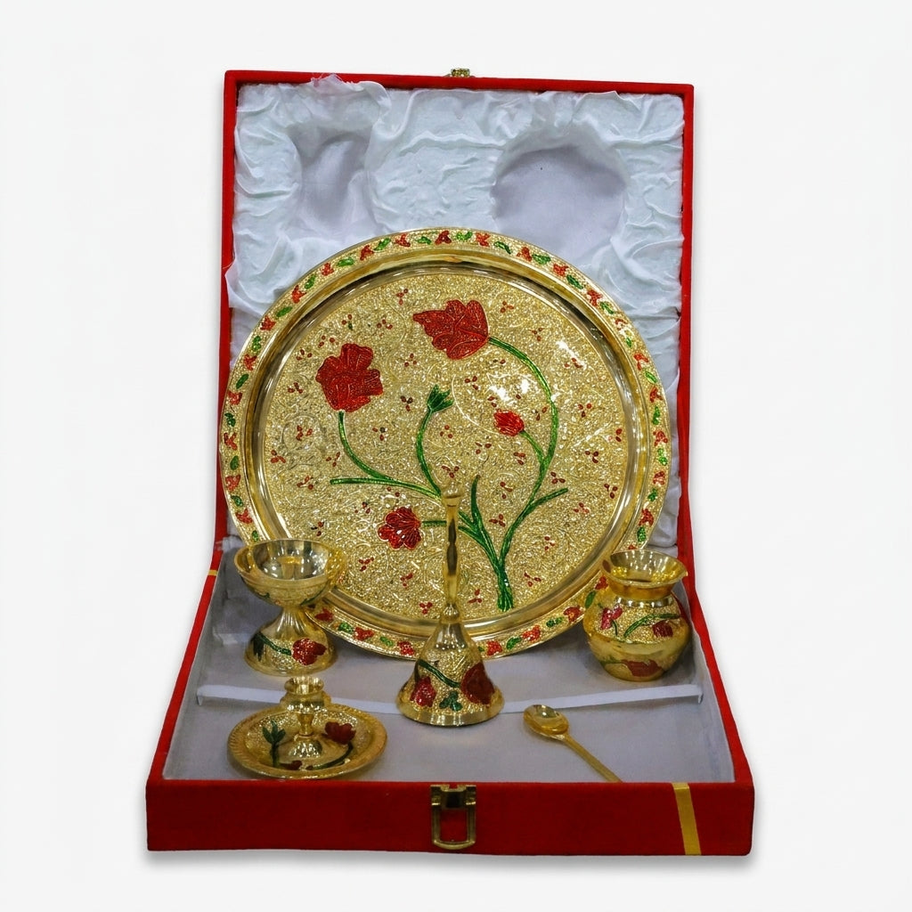 Golden Meena Pooja Thali Set with Box, Decorative Brass Puja Plate Set for Rituals & Gifting