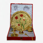 Golden Meena Pooja Thali Set with Box, Decorative Brass Puja Plate Set for Rituals & Gifting