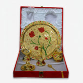 Golden Meena Pooja Thali Set with Box, Decorative Brass Puja Plate Set for Rituals & Gifting