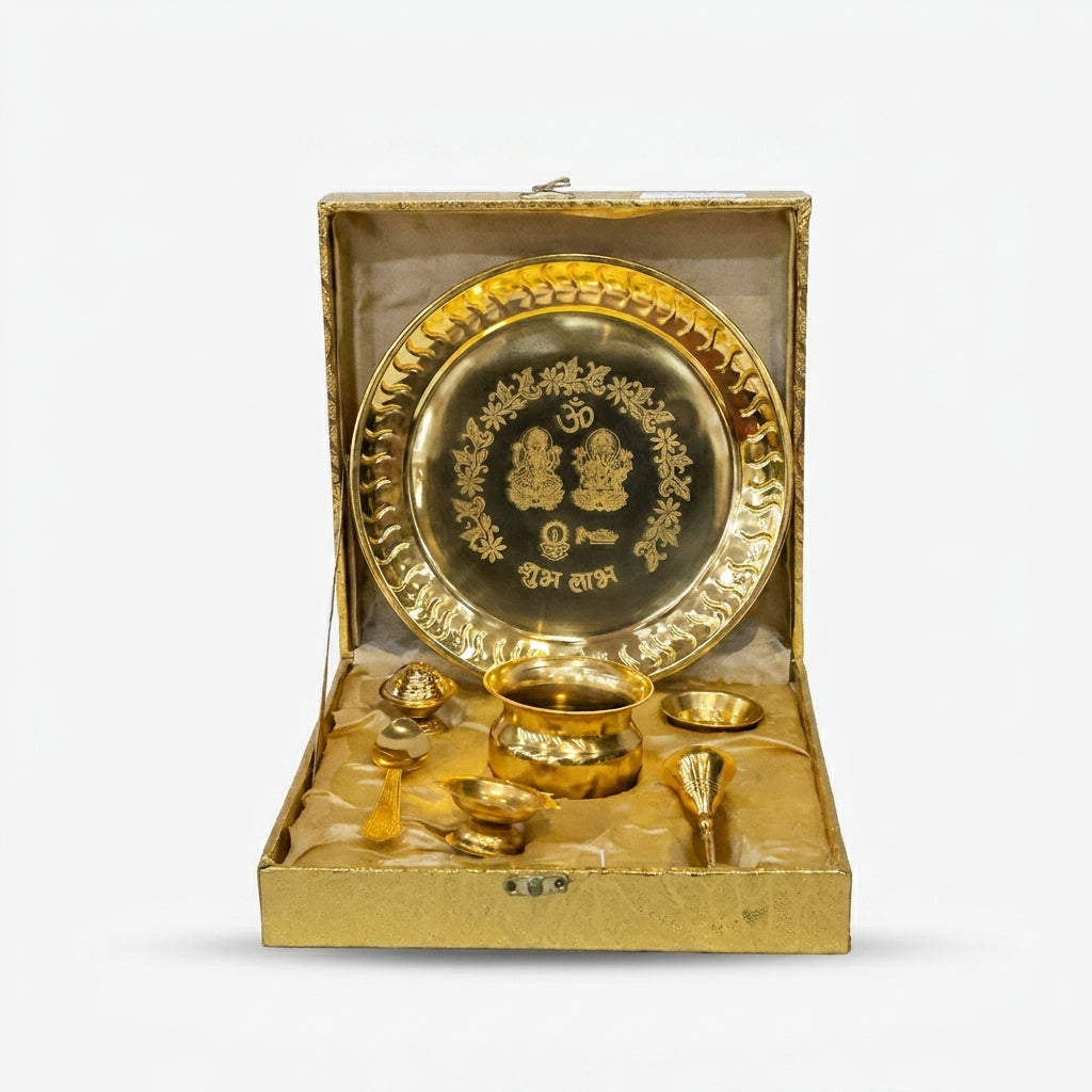 Golden Brass Pooja Thali Set, Decorative Puja Plate Set with Accessories for Rituals & Gifting