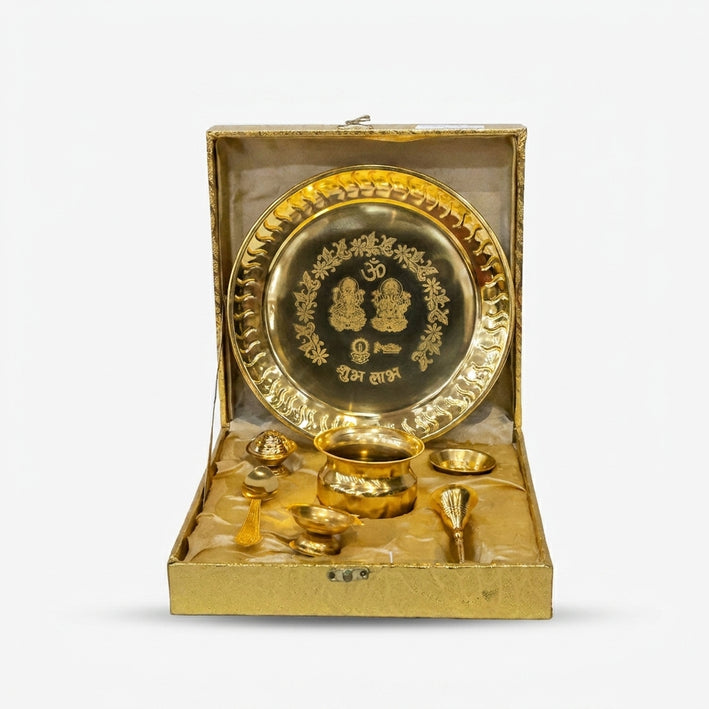 Golden Brass Pooja Thali Set, Decorative Puja Plate Set with Accessories for Rituals & Gifting
