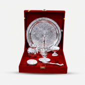 Silver Brass Pooja Thali Set, 7 Pieces Decorative Puja Plate Set for Daily Pooja, Rituals & Gifting