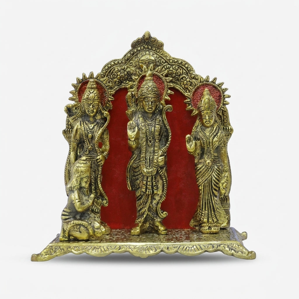 Golden Brass Ram Darbar Murti, Decorative Lord Ram Sita Lakshman Hanuman Idol for Mandir & Gifting