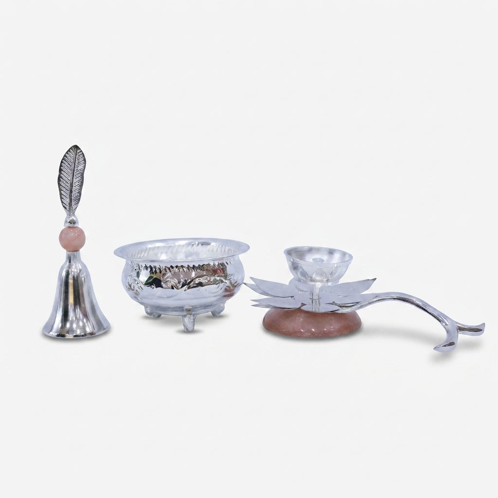 Silver Brass Bell Diya Set with Bowl, Decorative Pooja Accessories Set for Mandir, Rituals & Gifting