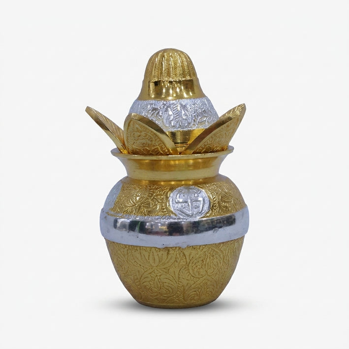 Golden Silver Decorative Kalash, Metal Pooja Kalash for Temple Décor, Festive Setup & Gifting