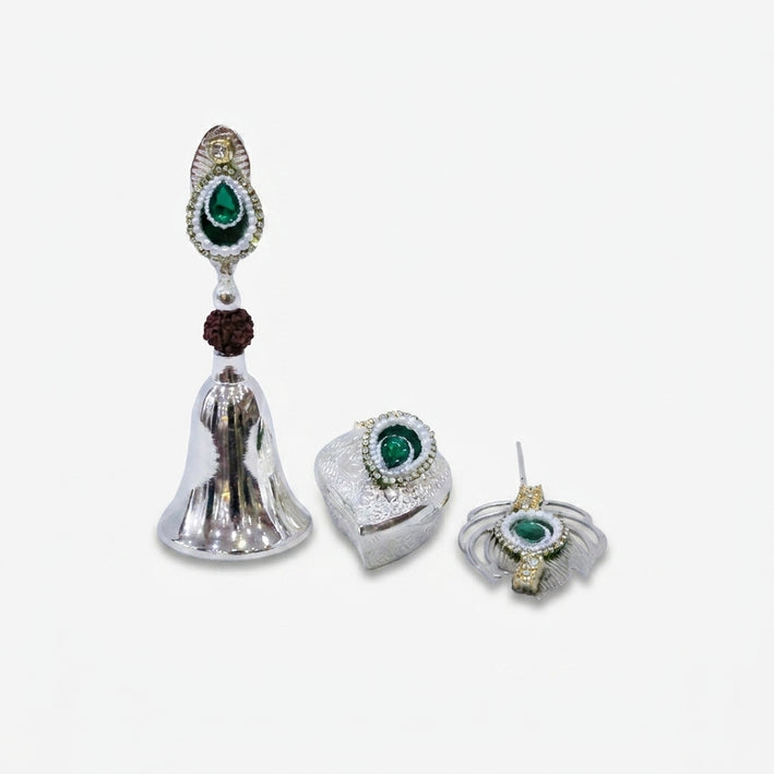 Silver Finish Pooja Gift Set with Bell, Decorative Box & Lid, Spiritual Gift Set for Home Temple