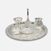 Silver Brass Pooja Thali Set, 7 Pieces Decorative Puja Plate Set for Mandir, Rituals & Gifting